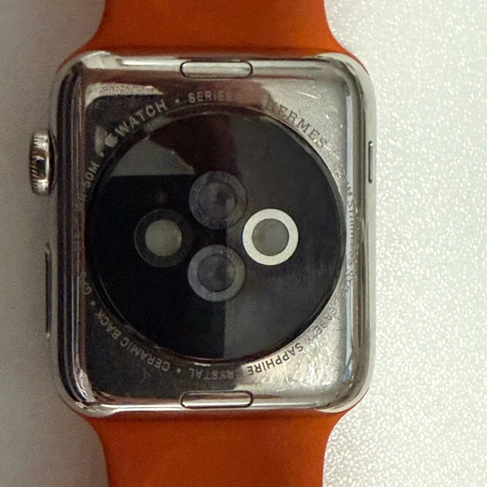 HERMES APPLE WATCH 42MM SERIES 3 Sapphire Crystal Face SS Case Orange M/L Band.
